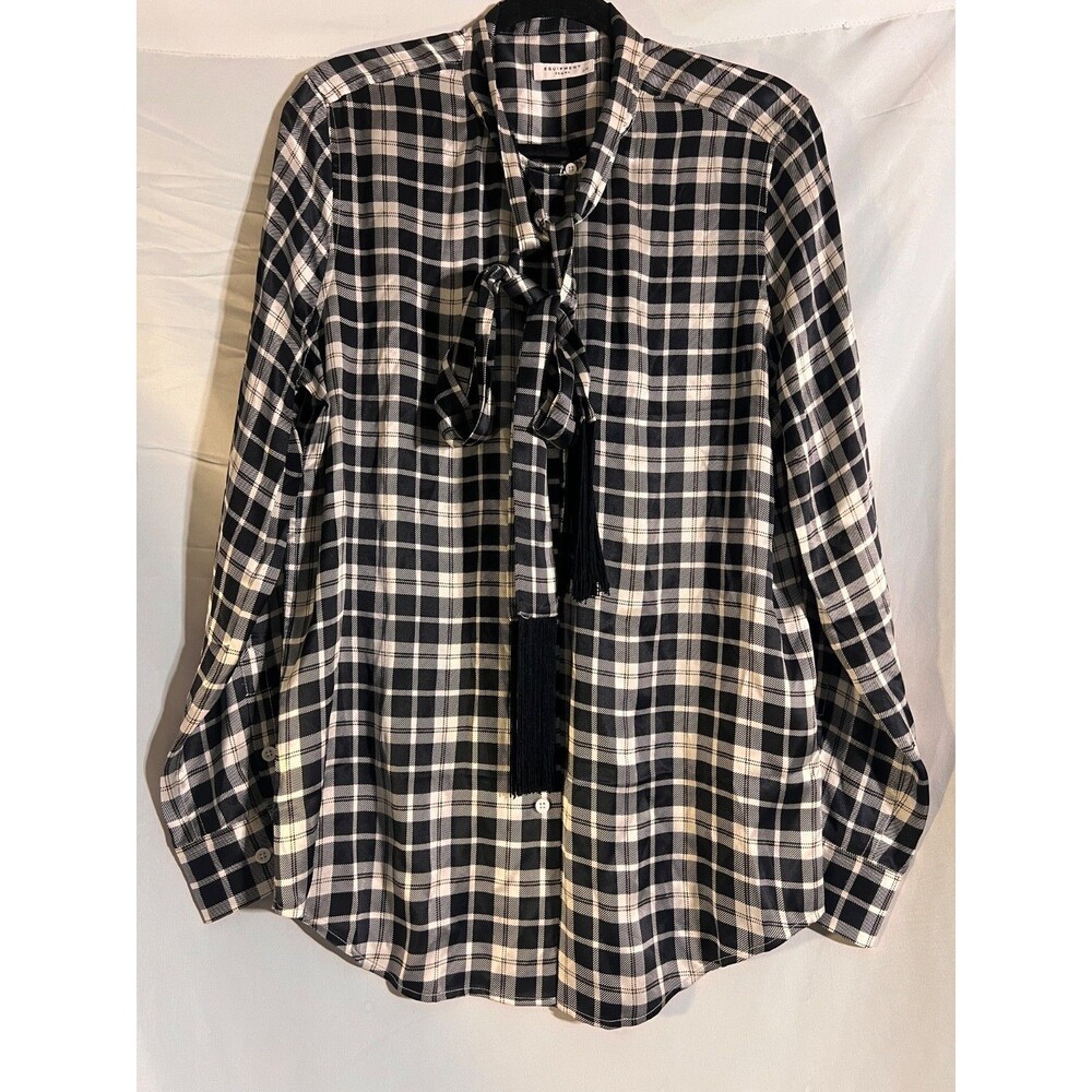 Equipment Blouse Women's LG Silk Black White Plaid Top Button Up Tie Neck Shirt